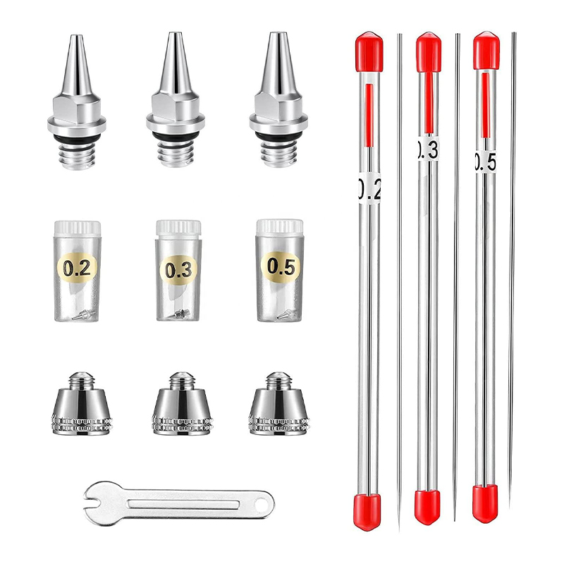 10-stykker Airbrush Replacement Parts Kit med 0,2 mm, 0,3 mm og 0,5 mm Airbrush-dyser, nåler, dysehetter og mini-skiftenøkkel for spraypistolutstyr